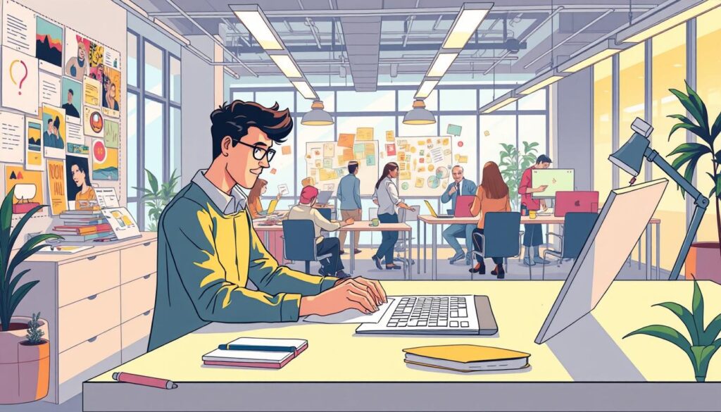 A vibrant, dynamic scene of the content creation process unfolds before us. In the foreground, a skilled writer sits at a sleek, minimalist desk, their fingers dancing across a keyboard, crafting captivating words. Surrounding them, a collage of inspirational images, mood boards, and research materials, all illuminated by a warm, soft light that filters in through large windows. In the middle ground, a team of collaborators brainstorms ideas, sketching out concepts and refining the vision. The background is a bustling, modern office, filled with the hum of productivity and the energy of creativity. The overall atmosphere is one of focus, determination, and a relentless pursuit of crafting content that resonates with the intended audience.