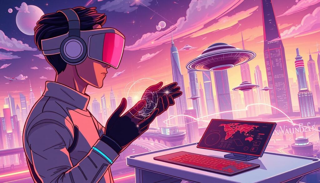 A vibrant, futuristic scene of "vibe designing" showcasing the evolution of this creative practice. In the foreground, a designer wearing a sleek, holographic headset and gloves manipulates intricate 3D design elements through fluid, gestural movements. The middle ground reveals a minimalist, modular workstation with hovering displays and haptic control surfaces. In the background, a breathtaking cityscape of gleaming skyscrapers and floating transit pods sets the scene for this cutting-edge design workflow. The entire composition is bathed in a warm, neon-tinged glow, conveying a sense of energy, innovation, and the limitless possibilities of the future of vibe coding.