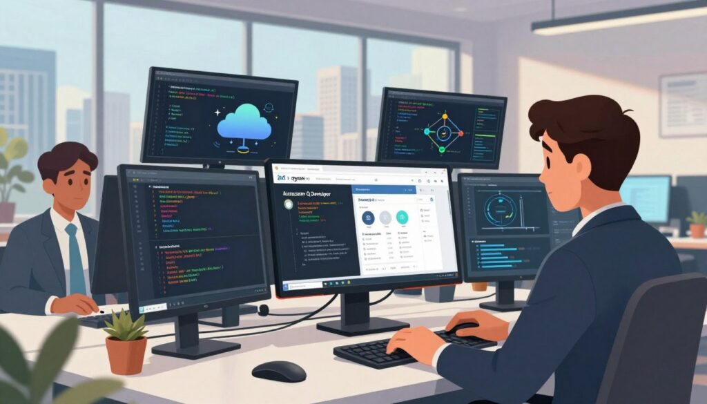 A vibrant, modern office environment featuring a sleek desk setup with a high-resolution monitor displaying the Amazon Q Developer interface, showcasing AWS integration and security scan tools. The foreground highlights a professional software developer, a diverse individual dressed in smart business attire, intently coding. In the middle ground, an array of digital screens illustrate code snippets, cloud architecture diagrams, and security analytics. The background features large windows with a view of a bustling city skyline, bathed in soft, natural light, creating an atmosphere of innovation and productivity. Include subtle tech-themed decorations around the office to enhance the ambiance. The overall mood is focused, advanced, and collaborative, conveying the importance of strong integration and security in software development.
