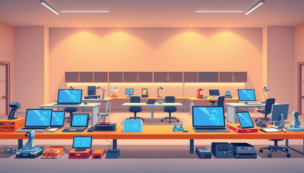 A vibrant, modern tools platform set against a sleek, minimalist background. In the foreground, an array of high-tech educational instruments neatly arranged - laptops, tablets, robotics kits, 3D printers, and coding interfaces. The middle ground features a modular, adjustable workstation setup with ample desk space and ergonomic chairs. Indirect studio lighting creates a warm, inviting atmosphere, while large windows in the background allow natural light to flood the scene. The overall composition conveys a sense of organization, productivity, and the integration of technology into a dynamic, engaging STEM learning environment.