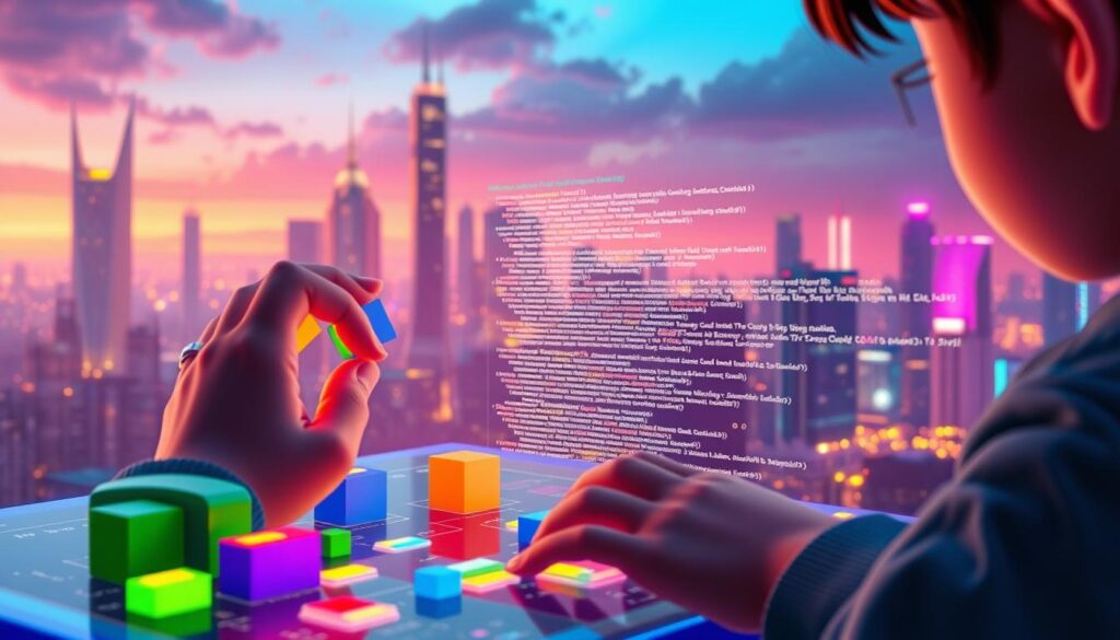 A vibrant, visually engaging scene depicting the transition from visual coding blocks to real programming. In the foreground, a young coder's hands interact with a holographic interface, manipulating colorful, tangible code blocks. The middle ground showcases these blocks transforming into lines of elegant, neon-lit code that cascade across the screen. In the background, a futuristic cityscape with towering skyscrapers and a vibrant, neon-infused skyline creates a sense of technological progress. Warm, diffused lighting casts a dreamlike glow, while dynamic camera angles and a cinematic composition convey the excitement and momentum of this pivotal learning moment. The overall atmosphere evokes a seamless, empowering shift from visual logic to real-world programming. A vibrant, visually engaging scene depicting the transition from visual coding blocks to real programming. In the foreground, a young coder's hands interact with a holographic interface, manipulating colorful, tangible code blocks. The middle ground showcases these blocks transforming into lines of elegant, neon-lit code that cascade across the screen. In the background, a futuristic cityscape with towering skyscrapers and a vibrant, neon-infused skyline creates a sense of technological progress. Warm, diffused lighting casts a dreamlike glow, while dynamic camera angles and a cinematic composition convey the excitement and momentum of this pivotal learning moment. The overall atmosphere evokes a seamless, empowering shift from visual logic to real-world programming.