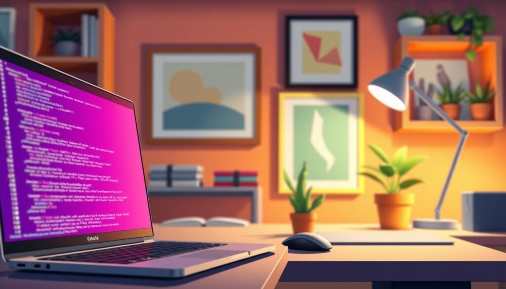 A vibrant, well-lit coding workspace with a cozy, inviting atmosphere. In the foreground, a laptop displays lines of elegant, color-coded code, the screen's glow creating a soft, ambient light. In the middle ground, a modern, minimalist desk with a potted plant, a sleek mouse, and a stylish desk lamp. The background features warm, wooden shelves adorned with books, succulents, and a framed piece of abstract art, casting a soothing, natural ambiance. The overall scene exudes a sense of productivity, creativity, and a "vibe" that encourages focus and inspiration.