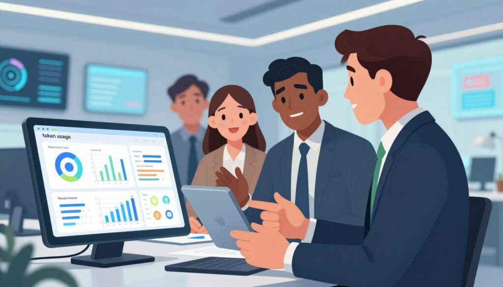A visually dynamic representation of "token usage" in a modern digital environment. In the foreground, a stylized dashboard showcasing real-time token metrics, including colorful graphs and icons, highlighting usage statistics. In the middle, a diverse group of three professionals in business attire, engaged in lively discussion over a tablet displaying the dashboard, conveying collaboration. The background features a sleek, high-tech office with large screens displaying abstract data visualizations, illuminated by soft blue and white lighting. The atmosphere is focused and innovative, suggesting a forward-thinking approach to app development. The angle captures the excitement of technology in action, emphasizing clarity and engagement.