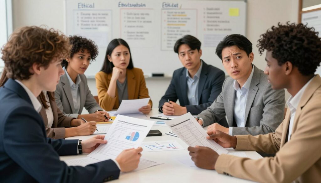 A visually engaging scene depicting a group of diverse educators gathered around a table for a discussion on student evaluations. In the foreground, two educators, one Caucasian and one Black, are analyzing documents featuring charts and data related to evaluations, dressed in professional attire. The middle ground includes a diverse mix of colleagues, including a Hispanic woman and an Asian man, engaged in a debate, their expressions reflecting focus and concern. The background shows a whiteboard filled with notes and ethical considerations regarding AI usage. The atmosphere is tense yet collaborative, highlighting ethical dilemmas. Soft, warm lighting creates a productive ambiance, with depth of field emphasizing the focal group and slightly blurring the background for clarity. A wide-angle perspective captures the dynamic interaction, inviting viewers to consider the complexities of ethics and integrity in education.