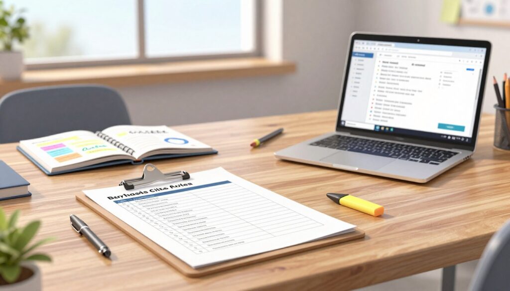 A visually engaging scene depicting grading criteria, set in a modern office environment. In the foreground, a well-organized wooden desk holds a clipboard with a rubric featuring clear, structured categories for grading. Include a laptop displaying data analytics, emphasizing AI capabilities. In the middle ground, an open notebook with colorful notes illustrates brainstorming ideas on grading criteria, surrounded by pens and highlighters. In the background, large windows let in soft, natural light, illuminating the space and creating a productive atmosphere. The overall mood should feel balanced and professional, highlighting the harmony between AI and teacher judgment in grading. Use warm lighting to evoke a sense of collaboration and innovation, with a slight depth of field to focus on the rubric and desk items.