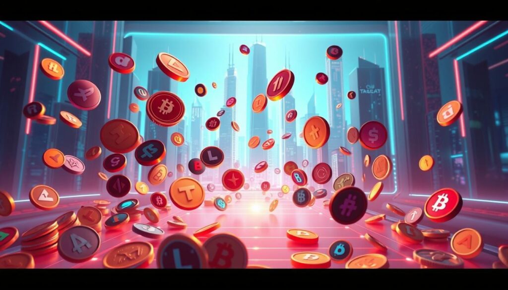 A visually striking array of digital tokens floating in a futuristic, neon-infused environment. The foreground features a diverse collection of tokens, each with a unique design and color scheme, arranged in a dynamic, cascading formation. The middle ground showcases a sleek, minimalist interface with clean lines and subtle gradients, hinting at the underlying technology and infrastructure. In the background, a cityscape of towering, luminous skyscrapers creates a sense of scale and technological advancement. The scene is bathed in a warm, vibrant glow, conveying a sense of energy, innovation, and the power of the token economy. A cinematic, wide-angle lens captures the scene, emphasizing the grandeur and importance of the subject matter. A visually striking array of digital tokens floating in a futuristic, neon-infused environment. The foreground features a diverse collection of tokens, each with a unique design and color scheme, arranged in a dynamic, cascading formation. The middle ground showcases a sleek, minimalist interface with clean lines and subtle gradients, hinting at the underlying technology and infrastructure. In the background, a cityscape of towering, luminous skyscrapers creates a sense of scale and technological advancement. The scene is bathed in a warm, vibrant glow, conveying a sense of energy, innovation, and the power of the token economy. A cinematic, wide-angle lens captures the scene, emphasizing the grandeur and importance of the subject matter.
