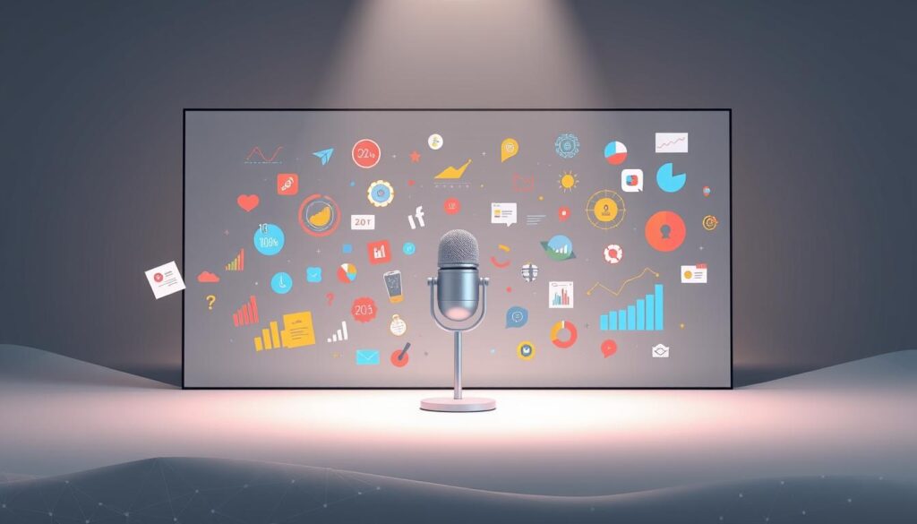 A visually striking data visualization unfolds against a sleek, minimalist backdrop. In the foreground, an array of dynamic infographic elements - colorful charts, graphs, and icons - dance across the screen, illuminated by a soft, directional light. The middle ground features a 3D model of a microphone or camera, subtly hinting at the concept of video creation. The background is a muted, gradient-based landscape, creating a sense of depth and balance. The overall aesthetic is one of modern, elegant simplicity, perfectly suited to illustrate the topic of "Visuals and editing: building engaging explainers without showing your face".