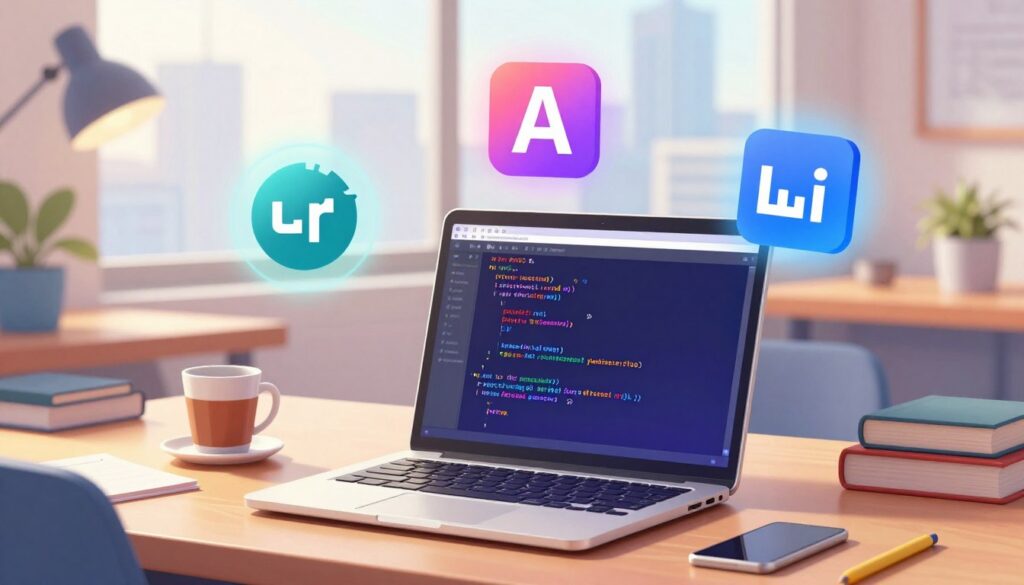 A visually striking illustration depicting the LAMP tech stack in a modern workspace. In the foreground, a sleek laptop displaying a vibrant code editor with lines of code in PHP, HTML, and MySQL syntax. Surrounding the laptop, vivid icons representing Linux, Apache, MySQL, and PHP, glowing softly to highlight their importance. In the middle background, a stylish desk cluttered with tech tools, a coffee cup, and technical books. Bright and warm lighting from a nearby window casts a welcoming glow, enhancing the atmosphere of innovation and productivity. A blurred city skyline is visible through the window, symbolizing the expansive potential of web applications built with the LAMP stack. The overall mood conveys professionalism and creativity, ideal for tech enthusiasts.