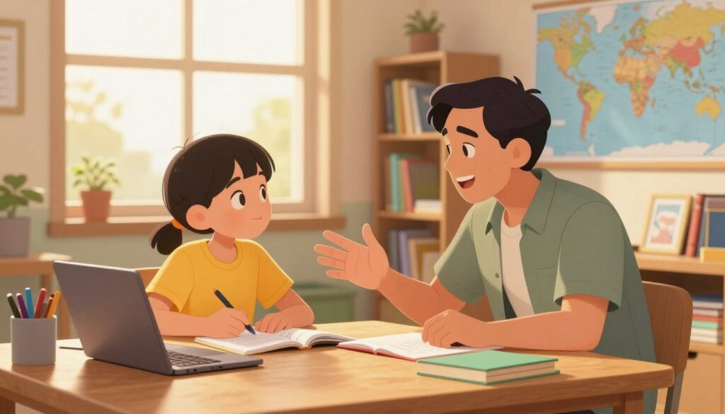 A warm and inviting tutoring session in a cozy study room. In the foreground, a diverse, middle-aged tutor wearing modest casual clothing is engaged with a focused child, approximately 10 years old, seated at a wooden table filled with books and stationery. The child, dressed in a brightly colored t-shirt, listens attentively while the tutor gestures animatedly, highlighting the personal connection in their interaction. In the middle ground, a window lets in soft, golden afternoon light, creating a warm, intimate atmosphere. In the background, bookshelves filled with educational materials and a world map poster reflect a nurturing environment. The overall mood is one of collaboration and support, emphasizing the balance between technology and the human touch in education, captured with a friendly, inviting ambiance.