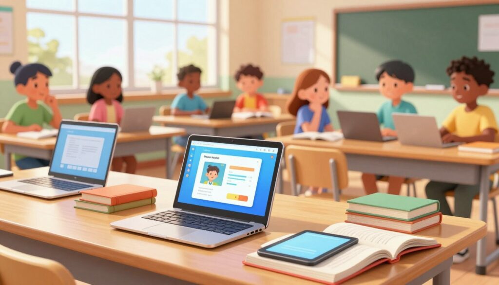 A well-arranged workspace featuring a variety of educational tools that enhance learning, including laptops, books, tablets, and smartboards. In the foreground, a wooden desk cluttered with open textbooks and a tablet displaying educational software. In the middle, a modern classroom with students engaged in group discussions, their diverse faces reflecting curiosity and collaboration. The background showcases a large window letting in bright, natural light that casts a warm glow over the scene. Use a soft-focus lens effect to create a depth of field, drawing attention to the tools while maintaining a dynamic and vibrant atmosphere. The overall mood should be inspiring and focused, emphasizing the importance of technology in education without any distractions or text elements.
