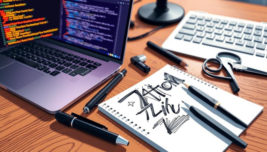 A well-lit, close-up shot of a collection of coding and design tools arranged on a wooden desk. In the foreground, a sleek silver laptop, its screen displaying a coding IDE with vibrant typography. Surrounding it, an array of precision instruments - a black pen, a ruler, a pair of sharp-tipped scissors, and a compact stylus. In the middle ground, a sketchpad with bold, expressive strokes of ink, capturing the rhythm and flow of creativity. In the background, a subtle out-of-focus silhouette of a keyboard, its keys a symphony of typography, hinting at the underlying infrastructure that powers the visual artistry. The scene exudes a sense of focus, craftsmanship, and the synergy between technology and design.