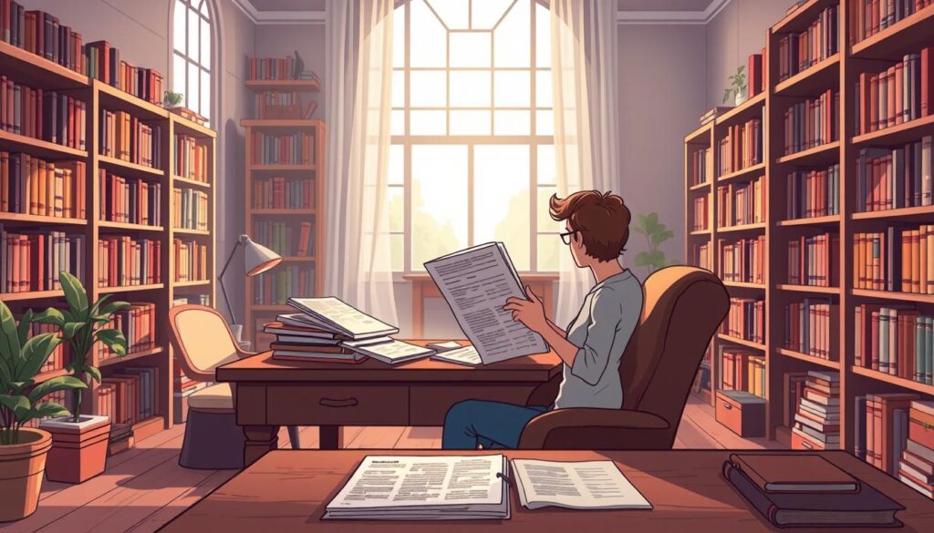 A well-lit study with a cozy, inviting atmosphere. In the foreground, a person sits comfortably at a wooden desk, intently reading through a stack of neatly organized documents and summaries. Soft natural light filters in through large windows, casting a warm glow on the scene. The middle ground features bookshelves lining the walls, filled with volumes of knowledge. In the background, the room opens up to reveal a contemplative, thoughtful space, conducive to focused learning and discovery. The overall mood is one of productivity, engagement, and intellectual exploration.