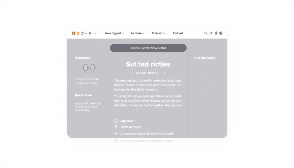 A well-organized and visually appealing podcast show notes interface, featuring a clean layout with a centered main panel showcasing key episode details. The background has a subtle gradient, creating a professional and polished ambiance. Minimalist icons and section dividers guide the viewer's eye, while a modern sans-serif typeface ensures readability. The overall composition conveys a sense of structure, clarity, and attention to detail - an effective tool to summarize and present podcast content.