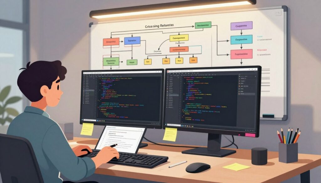 A well-organized workspace focusing on code organization, featuring a sleek desk with dual monitors displaying neatly arranged lines of code in a modern IDE. In the foreground, a programmer in smart casual attire reviews a test plan, surrounded by notes and colorful sticky tabs. In the middle, a whiteboard filled with flowcharts and architecture diagrams showcases systematic development processes. The background is softly lit with professional LED lighting, creating a productive atmosphere. Composed at a slight angle, the scene emphasizes the harmony between code, testing, and quality assurance while maintaining a focus on professionalism and clarity. Warm light enhances a feeling of productivity and creativity, ensuring the mood is both inspiring and inviting.