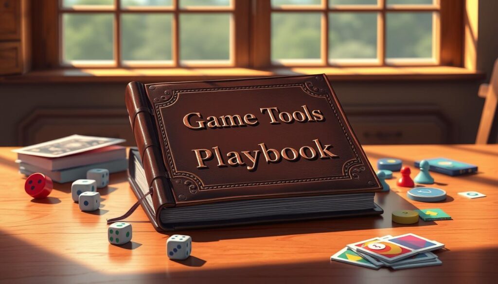 A well-worn leather-bound book, its cover embossed with the title "Game Tools Playbook", rests on a polished wooden table. Surrounding it are an array of strategic game pieces - dice, tokens, and colorful cards. Soft, natural lighting from a large window casts a warm glow, casting subtle shadows that add depth and dimension to the scene. The overall atmosphere evokes a sense of thoughtful planning and creative problem-solving, inviting the viewer to delve into the insights and techniques within the playbook. A well-worn leather-bound book, its cover embossed with the title "Game Tools Playbook", rests on a polished wooden table. Surrounding it are an array of strategic game pieces - dice, tokens, and colorful cards. Soft, natural lighting from a large window casts a warm glow, casting subtle shadows that add depth and dimension to the scene. The overall atmosphere evokes a sense of thoughtful planning and creative problem-solving, inviting the viewer to delve into the insights and techniques within the playbook.