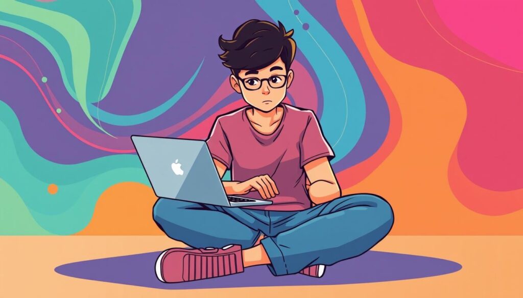 A youthful, casually dressed programmer sits cross-legged on the floor, laptop balanced on their knees. Their face is focused, fingers typing intently, surrounded by a vibrant, abstract background of flowing lines and shapes in a bold color palette. Soft, directional lighting casts dramatic shadows, emphasizing the fluid, dynamic nature of the coding process. The scene conveys a sense of creative flow, technical mastery, and a departure from the traditional, rigid work environment of the corporate programmer.