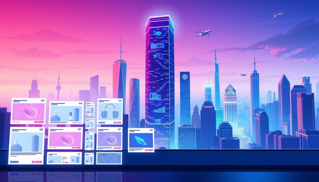 A/B tested Facebook ad library with AI-powered optimization, set against a vibrant, neon-tinged cityscape. The foreground features a dynamic, minimalist display of various ad units - banners, carousels, video ads - arranged in a grid, their performance metrics glowing with an iridescent light. The middle ground showcases a towering skyscraper, its façade adorned with holographic projections of product imagery and user engagement data. In the background, a bustling metropolis thrums with the energy of digital commerce, skyscrapers and hovercrafts silhouetted against a twilight sky. The overall mood is one of technological prowess, data-driven innovation, and the future of adaptive, AI-enhanced advertising.