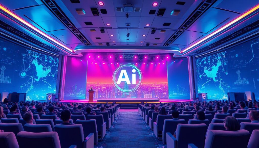 An AI event stage with a sleek, futuristic design. The stage is illuminated by vibrant, dynamic lighting, creating an immersive and captivating atmosphere. In the foreground, a holographic presentation showcases cutting-edge AI technologies, captivating the audience. The middle ground features rows of plush, comfortable seating, allowing attendees to engage with the content. In the background, a panoramic backdrop depicts a cityscape, hinting at the global reach and impact of the AI event. The scene is captured with a wide-angle lens, emphasizing the scale and grandeur of the event. The overall mood is one of excitement, innovation, and a sense of the boundless potential of artificial intelligence.