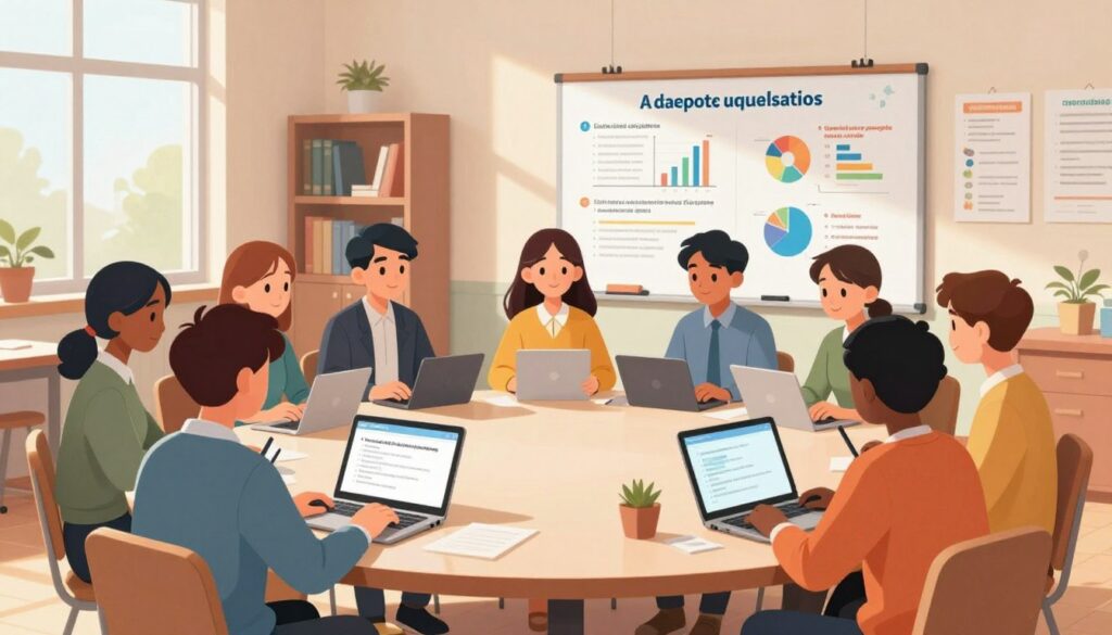 An educational scene illustrating adaptive questions for high school students preparing for standardized tests. In the foreground, a diverse group of students sits around a large round table, actively engaging with digital devices displaying interactive questions. Each student, dressed in professional casual attire, shows focused expressions. In the middle ground, a whiteboard filled with colorful charts and graphs highlights various testing strategies. In the background, a well-lit modern classroom with bookshelves and academic posters creates an inspiring atmosphere. Soft natural lighting pours in through large windows, casting gentle shadows. The mood is collaborative and motivating, emphasizing the empowering role of AI in exam preparation.