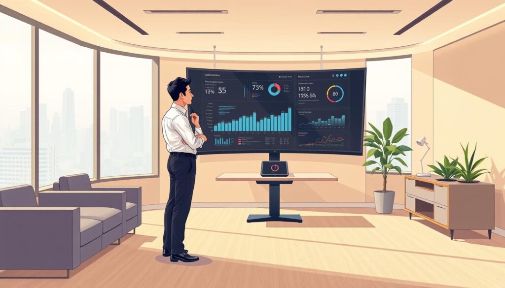 An elegant office interior with clean lines and modern decor. A large panoramic window floods the space with soft, natural lighting, casting a warm glow on the analytics dashboard displayed on a sleek, curved monitor. In the foreground, a business professional dressed in a crisp shirt and slacks stands thoughtfully, analyzing the real-time data visualizations. The middle ground features a minimalist, ergonomic workstation with a tablet and stylus, suggesting an intuitive user experience. The background showcases a city skyline, conveying the broader context of the analytics process. The overall atmosphere is one of focus, efficiency, and the empowerment of data-driven decision making. An elegant office interior with clean lines and modern decor. A large panoramic window floods the space with soft, natural lighting, casting a warm glow on the analytics dashboard displayed on a sleek, curved monitor. In the foreground, a business professional dressed in a crisp shirt and slacks stands thoughtfully, analyzing the real-time data visualizations. The middle ground features a minimalist, ergonomic workstation with a tablet and stylus, suggesting an intuitive user experience. The background showcases a city skyline, conveying the broader context of the analytics process. The overall atmosphere is one of focus, efficiency, and the empowerment of data-driven decision making.