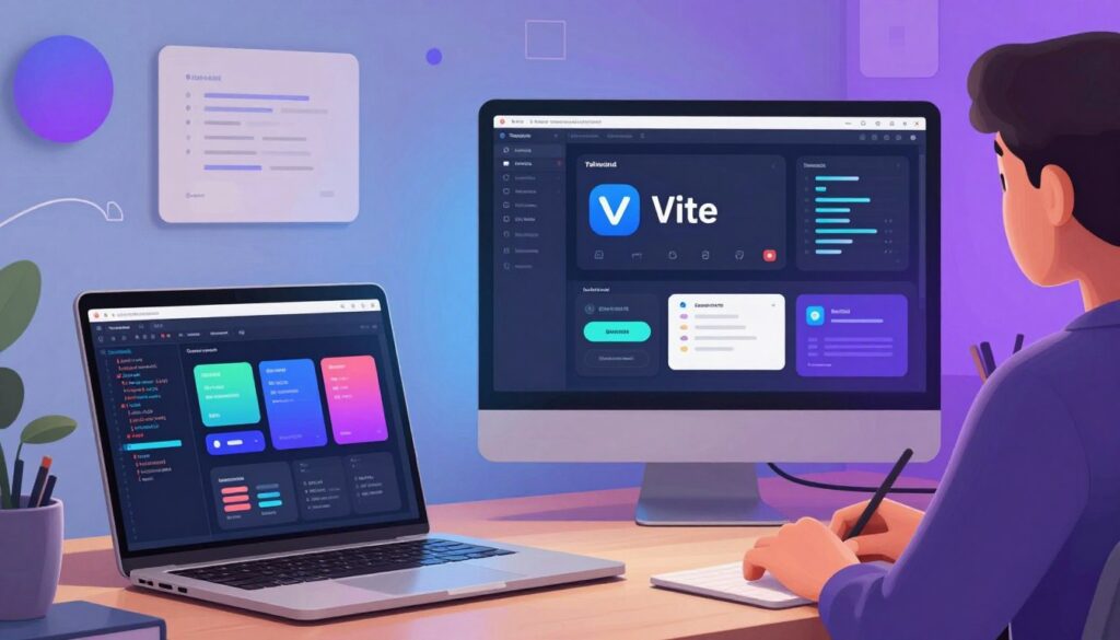 An elegant workspace showcasing a modern web development environment. In the foreground, a sleek laptop displays coding snippets alongside vibrant design components, such as buttons, cards, and modals, arranged artistically. In the middle ground, a streamlined desktop featuring Vite and Tailwind interface visuals is illuminated with a soft, ambient blue and purple glow, indicative of a dark mode theme, enhancing the focus on creativity and innovation. The background features abstract representations of different component libraries, including geometric shapes and flowing lines, symbolizing functionality and integration. The overall atmosphere is one of inspiration and productivity, with soft, diffused lighting creating a warm yet professional mood, perfect for a tech-focused discussion.