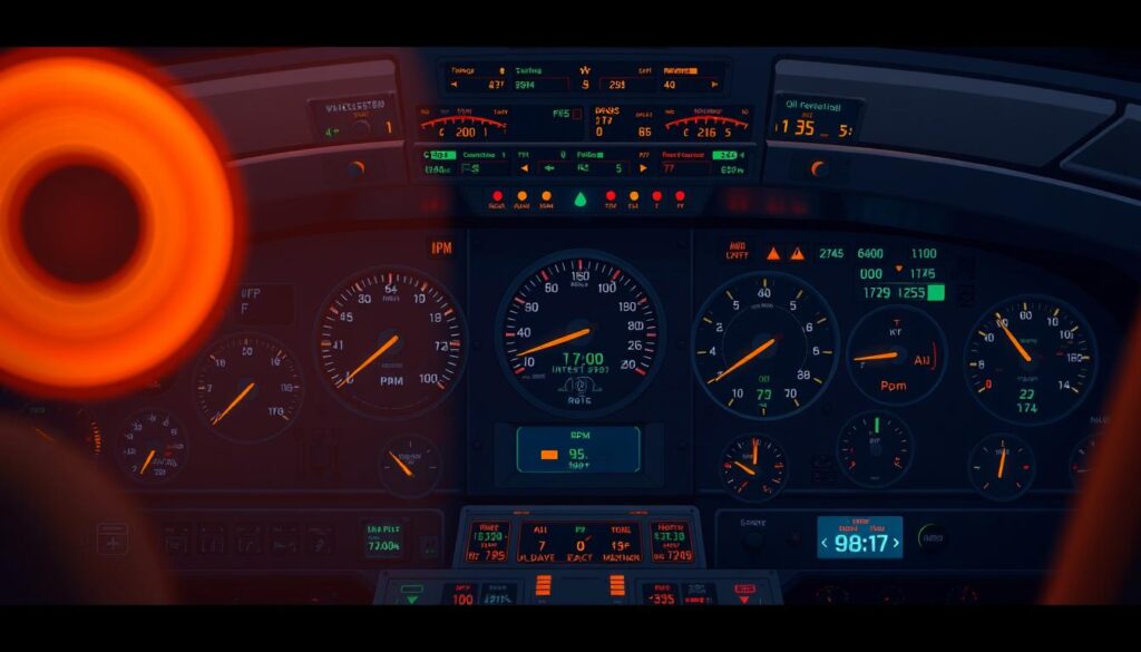 An intricate dashboard displaying a wealth of engine data, captured with a high-resolution lens in a dimly lit control room. Dials, gauges, and digital readouts convey critical metrics such as RPM, temperature, fuel flow, and oil pressure. The dashboard is illuminated by a soft, amber glow, creating a technical, industrial atmosphere. The image is framed from a slightly elevated angle, showcasing the complexity and precision of aircraft engine monitoring systems. The overall scene evokes a sense of the advanced technology and real-time data analysis that enables predictive maintenance for aircraft engines. An intricate dashboard displaying a wealth of engine data, captured with a high-resolution lens in a dimly lit control room. Dials, gauges, and digital readouts convey critical metrics such as RPM, temperature, fuel flow, and oil pressure. The dashboard is illuminated by a soft, amber glow, creating a technical, industrial atmosphere. The image is framed from a slightly elevated angle, showcasing the complexity and precision of aircraft engine monitoring systems. The overall scene evokes a sense of the advanced technology and real-time data analysis that enables predictive maintenance for aircraft engines.