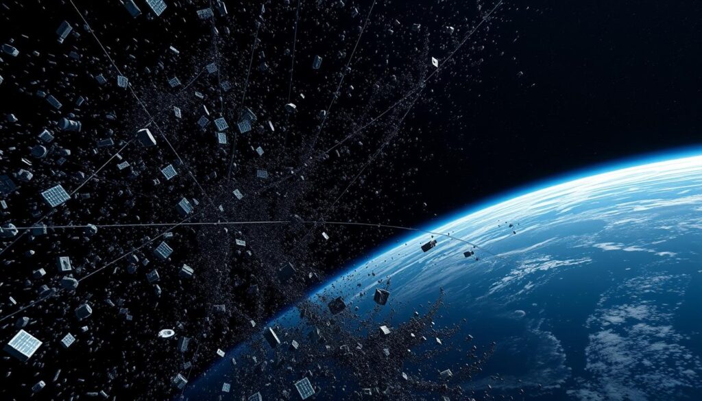 Orbital visualization of space debris, captured by a high-resolution telescope in low-Earth orbit. In the foreground, a dense cloud of satellite fragments and discarded rocket stages, casting intricate shadows across the blackness of space. The middle ground reveals the graceful arcs of active satellites, their solar panels glinting as they navigate the crowded orbital lanes. In the distant background, the vibrant blue curve of Earth's atmosphere, a fragile boundary that must be protected from the growing threat of man-made orbital debris. Dramatic lighting, with a cool, eerie tone, highlights the ever-changing, hazardous nature of the space environment. A wide, cinematic angle showcases the scale and complexity of the orbital landscape, underscoring the need for advanced predictive analytics to ensure safe, sustainable space exploration. Orbital visualization of space debris, captured by a high-resolution telescope in low-Earth orbit. In the foreground, a dense cloud of satellite fragments and discarded rocket stages, casting intricate shadows across the blackness of space. The middle ground reveals the graceful arcs of active satellites, their solar panels glinting as they navigate the crowded orbital lanes. In the distant background, the vibrant blue curve of Earth's atmosphere, a fragile boundary that must be protected from the growing threat of man-made orbital debris. Dramatic lighting, with a cool, eerie tone, highlights the ever-changing, hazardous nature of the space environment. A wide, cinematic angle showcases the scale and complexity of the orbital landscape, underscoring the need for advanced predictive analytics to ensure safe, sustainable space exploration.