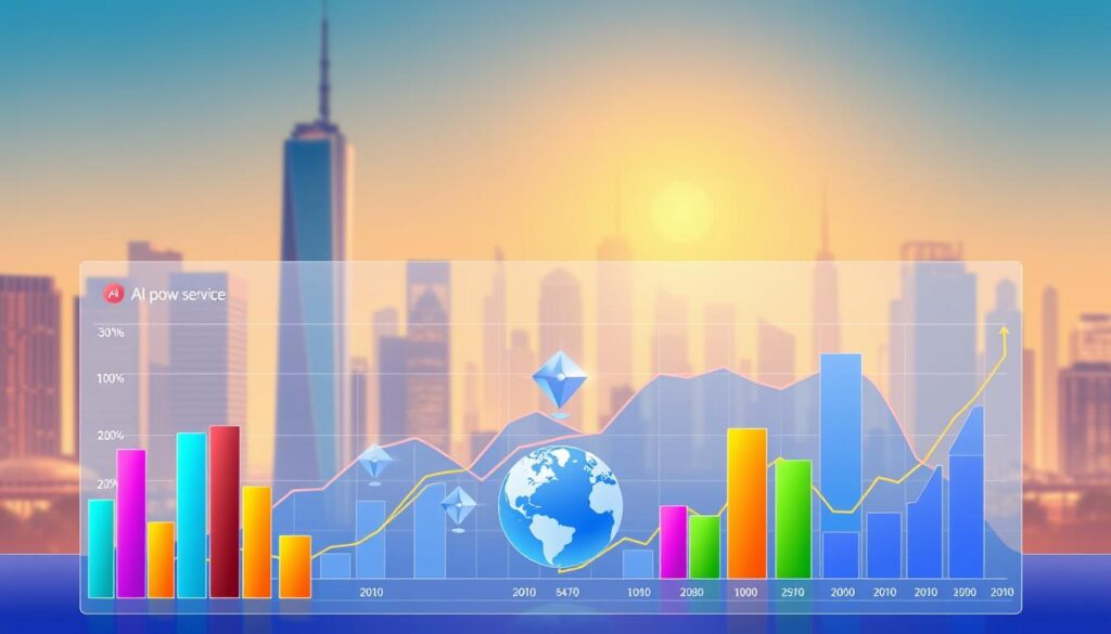 Prompt A vibrant dashboard display showcasing the growth trajectory of an AI-powered digital service. In the foreground, colorful bar charts and line graphs depict key performance metrics such as user signups, active users, and revenue over time. The middle ground features stylized globe icons, representing the global reach and distribution of the service. The background is a sleek, minimalist cityscape, bathed in a warm, soft lighting that creates a sense of technological sophistication. The overall composition conveys a sense of data-driven insights, strategic planning, and accelerating business success.