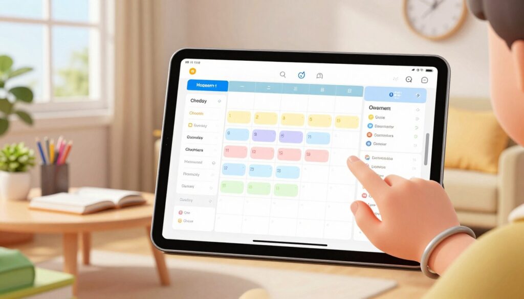 A beautifully organized family schedule displayed on a modern digital tablet, showcasing colorful calendar events, grocery lists, and chore assignments. In the foreground, a hand (wearing a simple bracelet) interacts with the tablet, highlighting user-friendly applications designed for family management. The middle ground features a cozy living room setting with soft, natural lighting streaming through a window, illuminating a nearby table filled with school supplies and a small potted plant. In the background, a subtle hint of a wall clock adds to the atmosphere of structured time management. The mood is warm and inviting, reflecting a harmonious family environment supported by technology. The focus is on clarity, organization, and effective use of AI tools for family coordination.