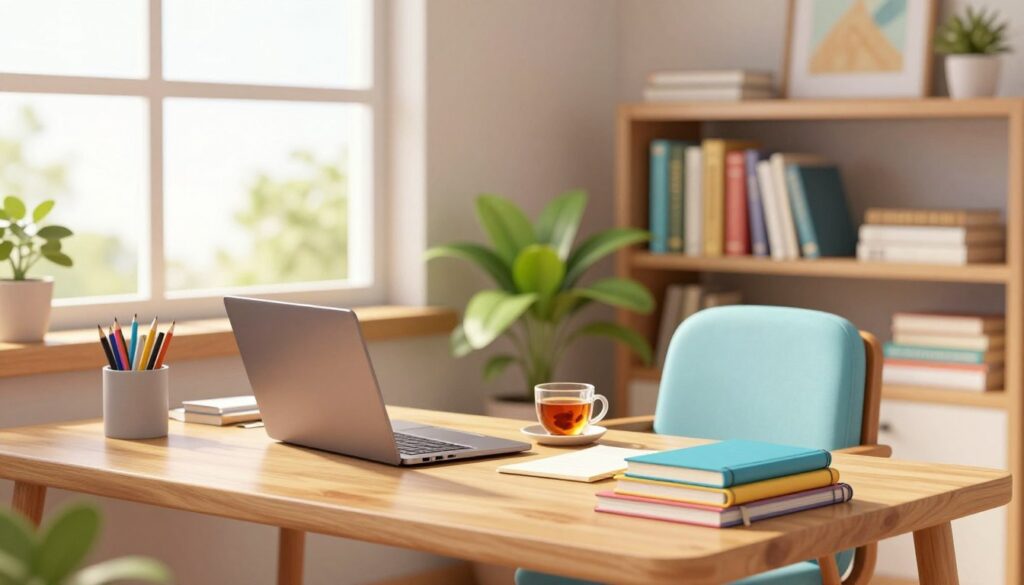 A bright and inviting study environment featuring a modern workspace. In the foreground, a wooden desk cluttered with neatly organized stationery, a laptop, and a stack of colorful notebooks. A cozy chair with a light-blue cushion adds comfort. In the middle, a large window allows natural sunlight to pour in, illuminating a potted plant and a cup of herbal tea placed beside the laptop. The background showcases a serene bookshelf filled with well-organized books and a calming piece of art on the wall. Soft, warm lighting creates a tranquil atmosphere, making the workspace feel welcoming and productive. The overall mood is focused and relaxed, ideal for efficient studying.