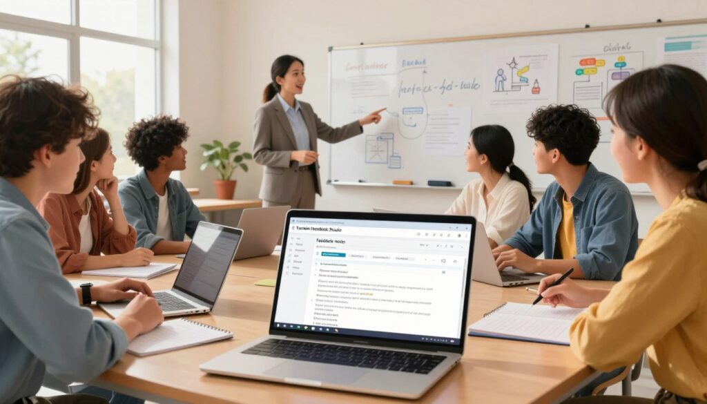 A bright and modern classroom scene showcasing a diverse group of students engaged in a collaborative learning environment. In the foreground, an open laptop displays a detailed feedback report with annotation tools highlighted, representing the Turnitin Feedback Studio. Several students, dressed in professional yet casual attire, are focused on their own laptops, discussing their findings with enthusiasm. The middle ground features a teacher providing guidance, pointing at the screen with a supportive expression. The background shows a whiteboard filled with notes and educational diagrams under warm, natural lighting streaming through large windows, creating an inviting atmosphere that emphasizes teamwork and learning. The overall mood is productive and encouraging, perfect for illustrating feedback in an educational context.
