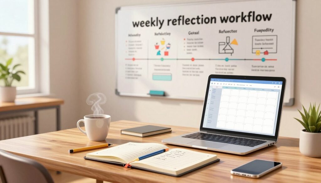 A bright, modern workspace illustrating a "weekly reflection workflow." In the foreground, a polished wooden desk features an open notebook filled with handwritten notes, colored pens, and a steaming cup of coffee. Beside it, a laptop displays a digital calendar filled with task reminders. In the middle ground, a wall-mounted whiteboard showcases organized study goals and a timeline for reflection with visually appealing diagrams. In the background, a window lets in soft, natural light, illuminating indoor plants and creating a serene atmosphere. The scene conveys a mood of productivity and clarity, encouraging a structured approach to studying. Use a warm color palette and a slightly angled perspective to enhance the inviting feel of the space.