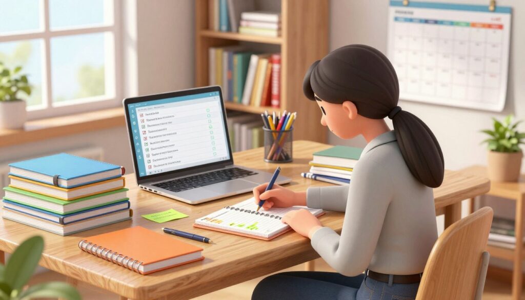 A bright, organized study space featuring a wooden desk cluttered with colorful notebooks and textbooks representing six different subjects. In the foreground, a focused female student in professional casual attire is writing in a planner, surrounded by highlighted notes and colored pens. In the middle ground, a laptop displays a digital to-do list with check boxes and deadlines, illustrating effective task prioritization. The background includes shelves filled with academic resources and a large calendar on the wall, emphasizing planning. Soft, natural light streams through a window, creating a warm and inspiring atmosphere. The image conveys a sense of motivation and clarity, ideal for students managing multiple assignments.