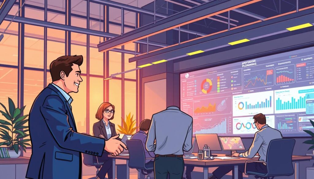 A bustling office scene, illuminated by warm, ambient lighting from floor-to-ceiling windows. In the foreground, two professionals in business attire shake hands, engrossed in an animated discussion, symbolizing a successful sponsorship matchmaking. The middle ground showcases a team of analysts poring over data visualizations and graphs, collaborating to identify the ideal sponsor-sponsee pairings. In the background, a large display board tracks ongoing negotiations and partnerships, creating a sense of dynamic activity. The overall atmosphere conveys a productive, collaborative environment where AI-powered insights facilitate mutually beneficial sponsorship opportunities. A bustling office scene, illuminated by warm, ambient lighting from floor-to-ceiling windows. In the foreground, two professionals in business attire shake hands, engrossed in an animated discussion, symbolizing a successful sponsorship matchmaking. The middle ground showcases a team of analysts poring over data visualizations and graphs, collaborating to identify the ideal sponsor-sponsee pairings. In the background, a large display board tracks ongoing negotiations and partnerships, creating a sense of dynamic activity. The overall atmosphere conveys a productive, collaborative environment where AI-powered insights facilitate mutually beneficial sponsorship opportunities.