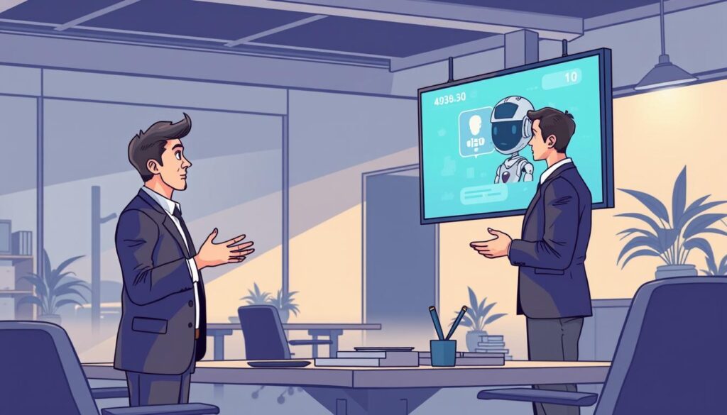 A bustling office scene, with a customer interacting with a hybrid AI-powered chatbot assistant. The customer, dressed in a professional business attire, is engaged in a natural conversation, gesturing as they speak. The chatbot, a sleek and modern AI avatar, is displayed on a large screen, seamlessly integrating with the human agent standing nearby, creating a collaborative onboarding experience. Soft, warm lighting illuminates the space, conveying a welcoming and productive atmosphere. The background features a minimalist, contemporary office design with clean lines and muted colors, emphasizing the cutting-edge technology at play. The overall impression is one of a smooth, efficient, and human-centric onboarding process, blending the best of human and artificial intelligence.