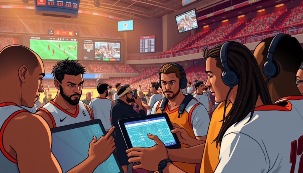A bustling sports arena with athletes engaged in various real-world workflows, captured through a cinematic lens. In the foreground, a group of players strategizing on a digital touchscreen, their expressions focused and intense. In the middle ground, coaches review game footage on tablets, annotating plays and making adjustments. In the background, a control room hums with activity, technicians monitoring live data feeds and making live-time adjustments to the broadcast. The scene is illuminated by warm, natural lighting, creating a sense of energy and dynamism. The overall atmosphere conveys the high-stakes, behind-the-scenes nature of modern sports production.