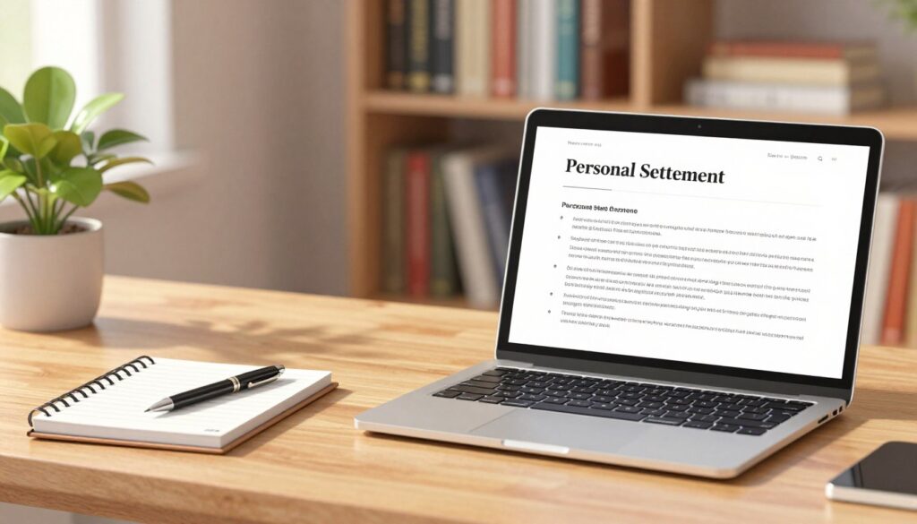 A clean and professional workspace scene focused on personal statement formatting. In the foreground, a neatly arranged desk features an open laptop displaying a well-structured personal statement template, showcasing clear headings, bullet points, and an elegant font. Beside the laptop, a stylish notepad with a pen rests on a wooden surface. In the middle ground, soft lighting casts a warm glow, enhancing the document's readability. A potted plant in the corner adds a touch of greenery, contributing to a calm atmosphere. In the background, a blurred bookshelf filled with academic books implies scholarly success. The overall mood is organized and inviting, perfect for fostering creativity and professionalism in writing.