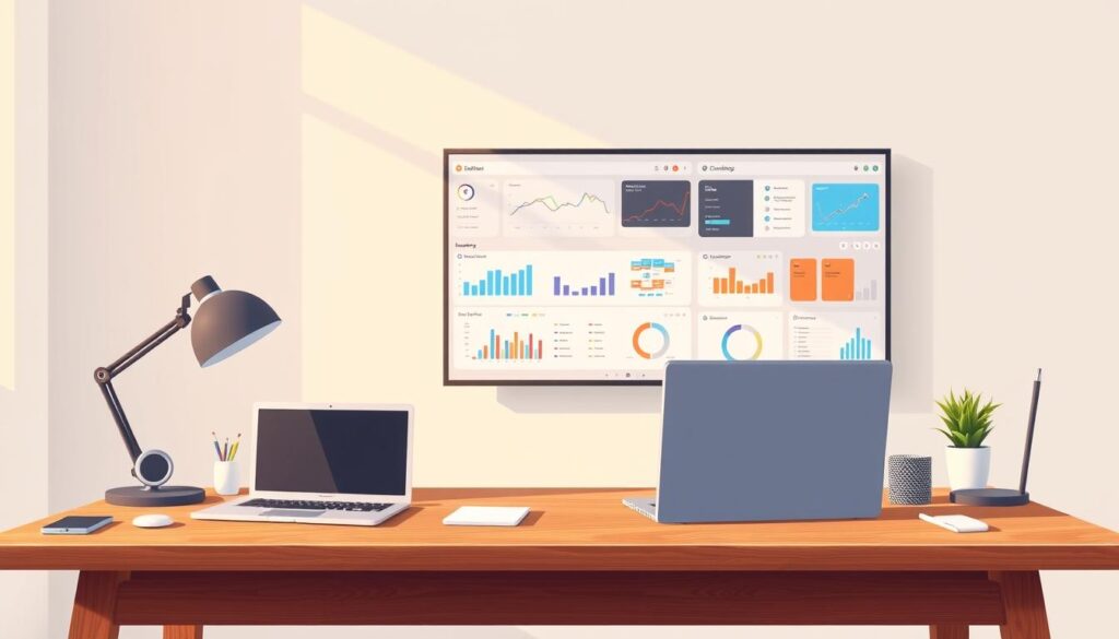 A clean, minimalist workspace with a laptop, tablet, and various digital tools arranged neatly on a wooden desk. The lighting is soft and natural, casting warm hues across the scene. In the background, a large monitor displays a visual dashboard, showcasing data visualizations and intuitive user interfaces - a testament to the power of no-code and hybrid development tools. The overall atmosphere is one of efficiency, creativity, and seamless technology integration, reflecting the versatility and accessibility of the "no-code hybrid tools" concept.