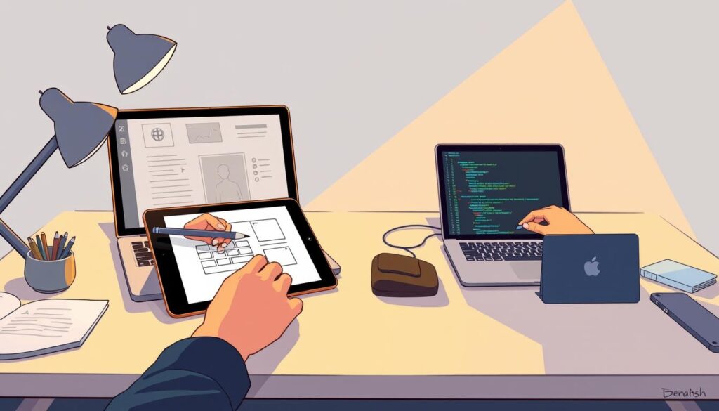 A clean, well-lit studio space with a sleek desk featuring a laptop, tablet, and various design tools. In the foreground, a designer's hand sketches on the tablet, the screen displaying a digital prototype. In the background, a developer's hand types code on the laptop, the screen showing a code editor. Warm, directional lighting illuminates the scene, casting long shadows and creating a sense of collaboration and integration between the design and development processes. The overall mood is one of purposeful, efficient workflow - a harmonious merging of creative and technical disciplines.