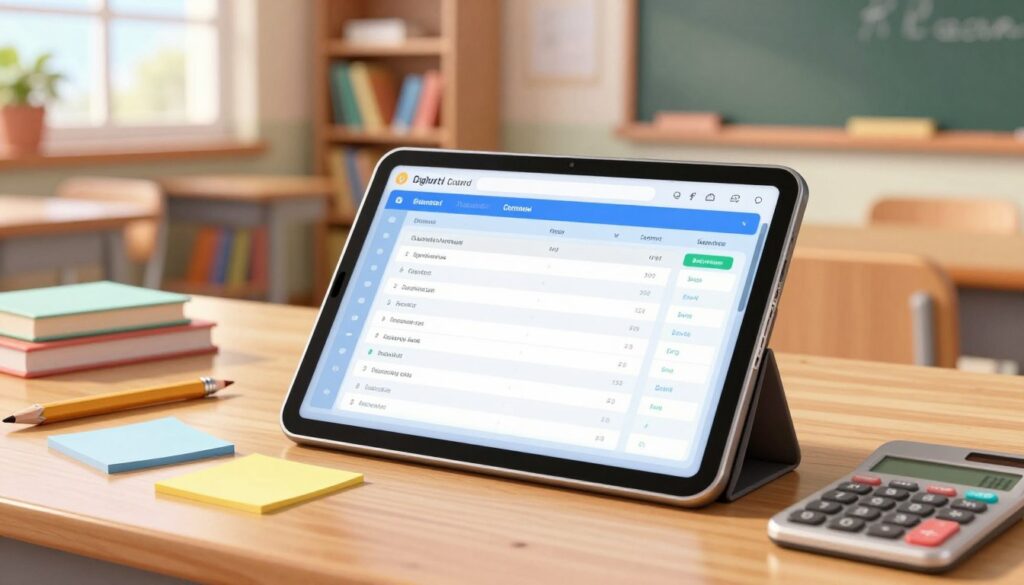 A close-up view of a modern digital report card displayed on a sleek tablet, surrounded by various educational tools like pencils, a calculator, and colorful sticky notes, all laid out on a wooden desk. In the background, softly blurred classroom elements such as shelves filled with books and a chalkboard are visible, suggesting an engaging learning environment. Natural sunlight streams through a window, casting warm light across the scene. The atmosphere is one of optimism and innovation, highlighting how technology is reshaping education and evaluation in classrooms. The focus remains on the tablet, showcasing engaging graphics and data analytics, devoid of any text, conveying the concept of AI-powered assessments.