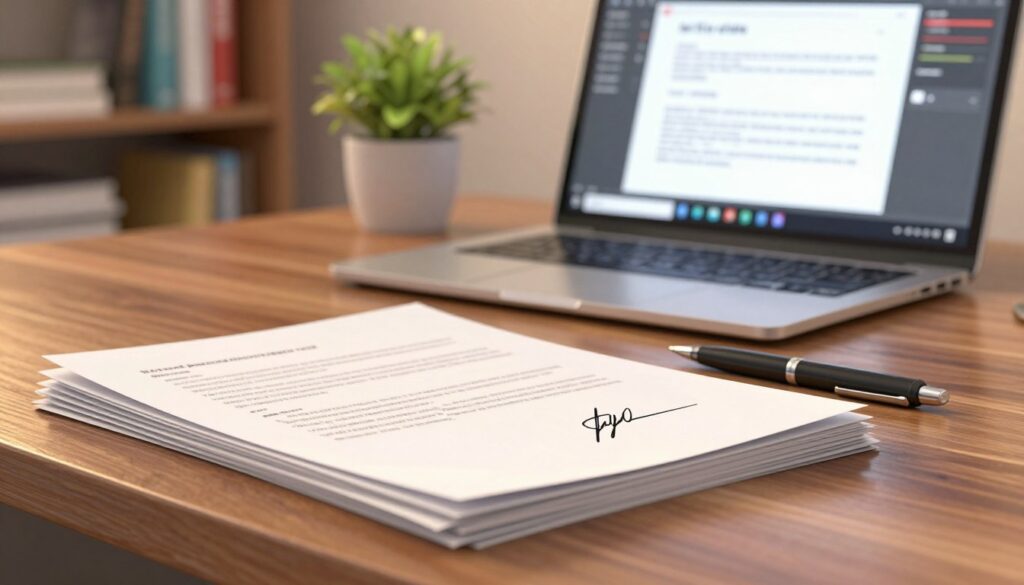 A close-up view of a polished wooden desk, meticulously arranged for the final submission of a personal statement. In the foreground, a neatly stacked pile of freshly printed papers, with the top paper displaying an elegant, handwritten signature. A sleek pen rests beside the papers, reflecting soft light. The middle of the image showcases an open laptop with a document editing software visible, its screen illuminated in a warm glow. In the background, a softly blurred bookshelf filled with books and a potted plant adds a touch of greenery, creating a cozy yet professional atmosphere. The lighting is warm and inviting, enhancing the feeling of focus and determination in preparing for a successful submission. The scene conveys a sense of finality and accomplishment.