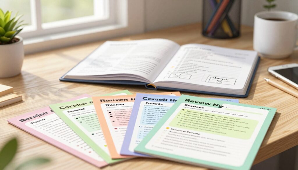 A close-up view of a stylish, organized workspace featuring vibrant Cornell Notes transformed into review cards. The foreground showcases a stack of colorful review cards, each with clearly divided sections for topics, cues, and summaries, using various pastel colors to highlight different subjects. In the middle, an open notebook displays neatly written Cornell notes, with bullet points and diagrams. The setting includes a well-lit environment, with natural light streaming in from a nearby window, creating a warm and inviting atmosphere. A subtly blurred background features a potted plant and a coffee mug, enhancing the cozy study vibe. The scene should evoke a sense of productivity and focus, aimed at students or professionals seeking effective study methods.