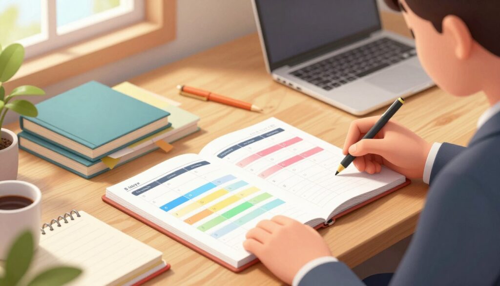 A close-up view of a well-organized study schedule on a wooden desk, featuring neatly arranged study materials including textbooks, notebooks, and a laptop. The schedule displays a grid with colored blocks representing various subjects, indicating a data-driven approach to learning. In the background, a warm, soft light filters through a window, creating an inviting atmosphere. A person in professional business attire is seen from the side, intently reviewing the schedule, with a focused expression. Plants and a coffee mug add a touch of homeliness. The angle is slightly elevated, allowing for a clear view of both the schedule and the individual, emphasizing a productive and adaptive study environment.