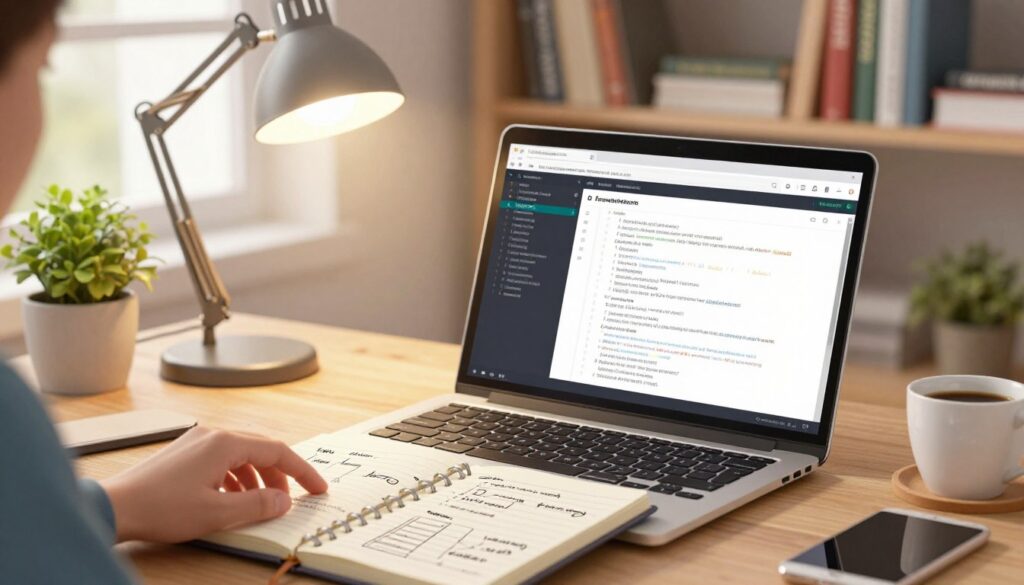 A close-up view of a well-organized workspace featuring an open laptop displaying lines of code and digital documentation. In the foreground, a hand reaches for a notebook filled with neatly handwritten notes and diagrams, emphasizing the importance of documentation. The middle layer includes a bright desk lamp casting warm light, enhancing the detail of a potted plant and coffee cup. The background showcases a shelf lined with books on programming and efficient searching techniques, bathed in soft natural light filtering through a window. The atmosphere is focused and inspiring, encouraging productivity and efficient learning. The scene is devoid of any text, ensuring clarity and professionalism.