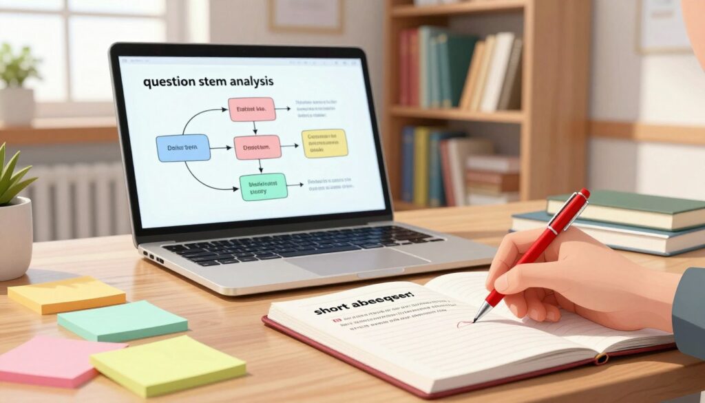 A close-up view of an academic workspace showcasing a detailed "question stem analysis" in progress. In the foreground, a neatly arranged desk with colorful sticky notes, a red pen, and a notebook open to a page that highlights a "short answer question" being dissected. In the middle, a laptop screen displaying a visual diagram outlining the key components of a question stem, with arrows pointing to each part. The background features a well-organized bookshelf filled with reference books on education and assessment. Soft, natural lighting filters in through a nearby window, casting gentle shadows, creating a focused yet inviting atmosphere. The mood conveys determination and clarity, emphasizing the analytical process involved in understanding short answer structures. A close-up view of an academic workspace showcasing a detailed "question stem analysis" in progress. In the foreground, a neatly arranged desk with colorful sticky notes, a red pen, and a notebook open to a page that highlights a "short answer question" being dissected. In the middle, a laptop screen displaying a visual diagram outlining the key components of a question stem, with arrows pointing to each part. The background features a well-organized bookshelf filled with reference books on education and assessment. Soft, natural lighting filters in through a nearby window, casting gentle shadows, creating a focused yet inviting atmosphere. The mood conveys determination and clarity, emphasizing the analytical process involved in understanding short answer structures.