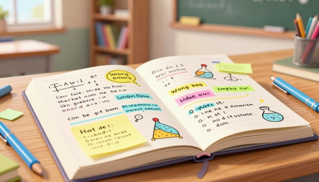 A close-up view of an open journal filled with colorful handwritten notes and doodles depicting various wrong answers to math and science problems. The journal is placed on a wooden desk, surrounded by stationary items such as colorful pens and sticky notes. In the background, a softly blurred classroom setting is visible, with shelves of books and a chalkboard. Natural light streams in from a nearby window, creating a warm and inviting atmosphere. The angle is slightly above the journal, focusing on the vibrant pages while hinting at the organized chaos around it, symbolizing the journey of learning from mistakes. The overall mood is cheerful and educational, encouraging a positive approach to reviewing errors.