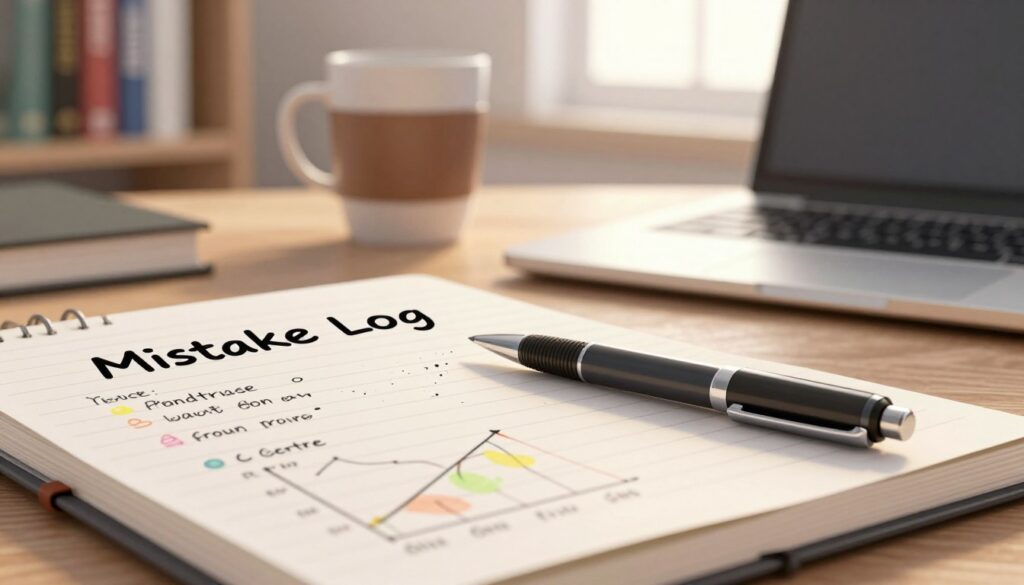 A close-up view of an open notebook titled "Mistake Log," filled with handwritten notes, graphs, and annotations in various colors. The foreground features a stylish, modern pen placed diagonally on the page, with ink splatters for an artistic touch. In the middle ground, a blurred coffee cup and a laptop, indicative of a workspace environment. The background includes soft, out-of-focus books on a shelf, evoking a sense of learning and reflection. Gentle, warm lighting from a nearby window casts a glow, creating an inviting atmosphere. The overall mood is focused and contemplative, emphasizing the idea of learning from errors in a professional context, without any text or distractions. A close-up view of an open notebook titled "Mistake Log," filled with handwritten notes, graphs, and annotations in various colors. The foreground features a stylish, modern pen placed diagonally on the page, with ink splatters for an artistic touch. In the middle ground, a blurred coffee cup and a laptop, indicative of a workspace environment. The background includes soft, out-of-focus books on a shelf, evoking a sense of learning and reflection. Gentle, warm lighting from a nearby window casts a glow, creating an inviting atmosphere. The overall mood is focused and contemplative, emphasizing the idea of learning from errors in a professional context, without any text or distractions.