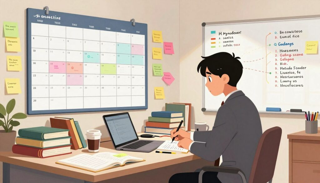 A cluttered yet organized study space during a chaotic study session, featuring a large wall calendar filled with time blocks, colorful sticky notes, and a whiteboard filled with study topics. In the foreground, a focused person in professional attire sits at a desk, surrounded by books and a laptop, holding a pen and scribbling notes. The middle ground includes a variety of study materials like notebooks, textbooks, and a coffee mug, creating a sense of urgency yet order. The background displays a window allowing natural light to pour in, creating a bright and inspiring atmosphere. The mood is one of constructive chaos, reflecting the struggle and determination of effective time-blocking amidst unpredictability, captured with a warm, inviting light.