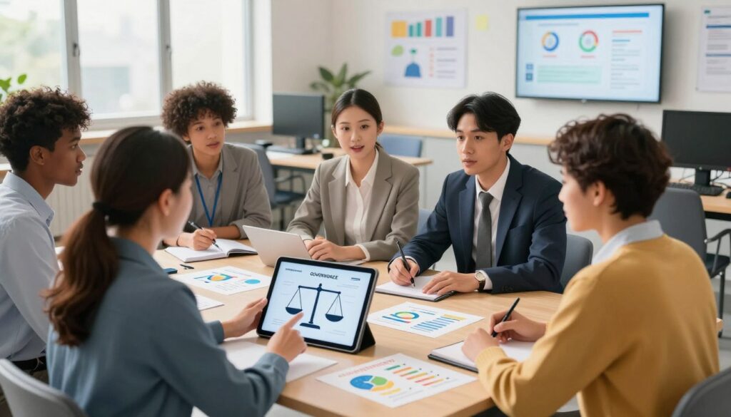 A collaborative scene depicting a diverse group of K-12 educators and administrators engaged in a thoughtful discussion about AI governance, safety, and equity. In the foreground, a female educator in professional attire points to a digital tablet displaying a balanced scale symbolizing equity. In the middle, a male administrator, also in business attire, listens intently, jotting down notes. Surrounding them are charts and infographics on governance and safety measures, subtly integrated into the table setting. The background features a bright, modern classroom filled with technology, including computers and interactive screens. Soft, natural lighting streams in from large windows, creating an optimistic and focused atmosphere, emphasizing collaboration and proactive decision-making in education.