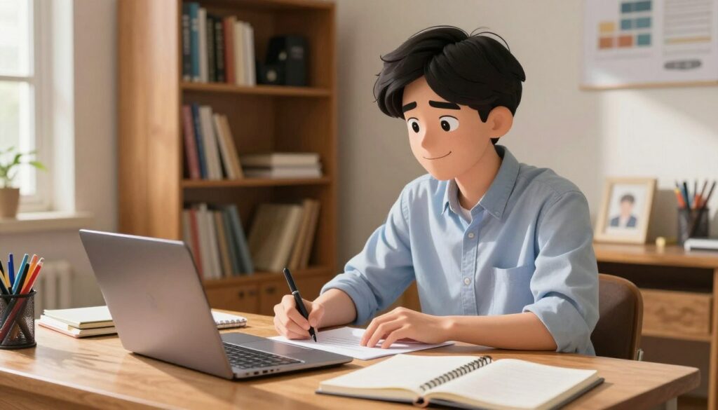 A college student sits at a wooden desk in a cozy study room, expressing a thoughtful yet confident demeanor as they write an essay. The foreground features a neatly organized desk with a laptop open to a blank page, surrounded by notebooks and colorful pens. In the middle ground, the student, a young adult with an approachable smile, is dressed in casual yet professional attire, such as a button-up shirt and chinos. The backdrop shows bookshelves filled with academic texts and personal mementos, creating a warm atmosphere. Soft natural light streams in from a nearby window, casting gentle shadows and highlighting the student's focused expression. The mood is reflective and inspiring, capturing the essence of authenticity in writing.